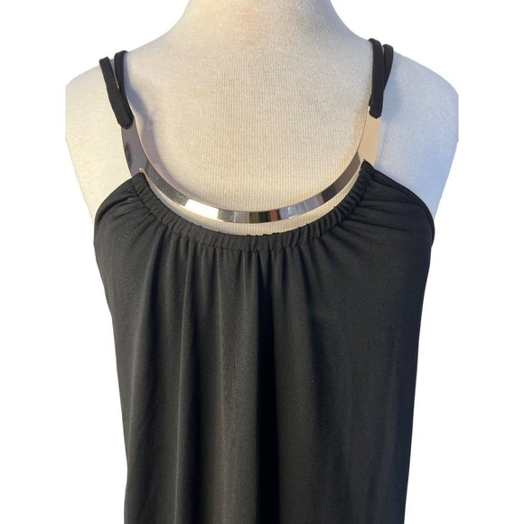 Venus Black Party Dress Large Mini Sheath Gold Accent Necklace Straps Stretch - Picture 6 of 16